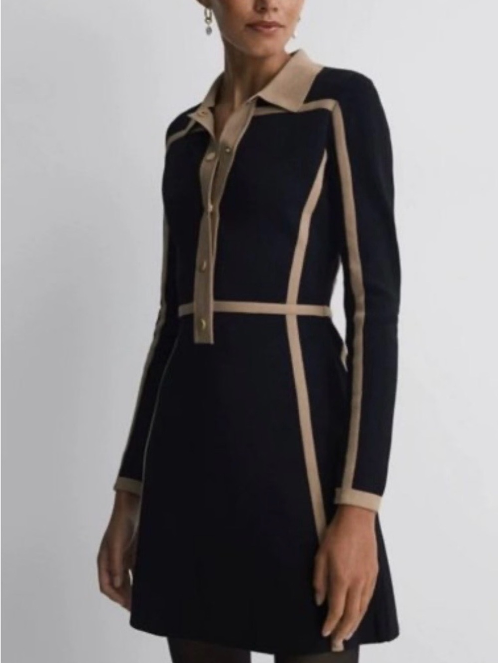 Reiss Black Knit Long-Sleeve Mini Dress with Tan Piping